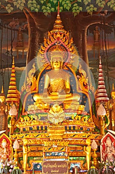 Golden buddha statue inside a temple