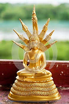 Golden Buddha statue with the king of nagas