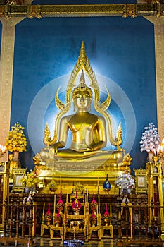 Golden Buddha statue in the Marble Temple or Wat Benchamabophit temple, Bangkok Thailand photo