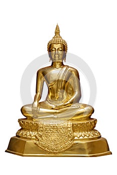 Golden Buddha statue meditating isolated on white background
