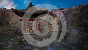 Golden Buddha statue sitting inside an asian pagoda in an ornamental pond. Japanese garden 3d illustration