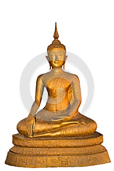 Golden Buddha statue sitting isolated on white background