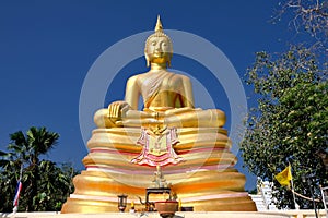 Golden Buddha Statue soars into blue sky