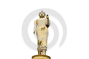 Golden Buddha statue standing isolated on white background - clipping paths