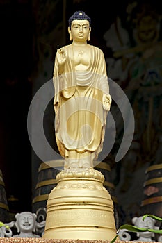 Golden Buddha statue in standing posture.