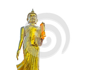 Golden Buddha statue standing with yellow flower garland on its left hand isolated on white background.