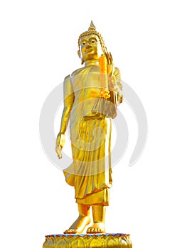 Golden Buddha statue standing with yellow flower garland on its left hand isolated on white background.