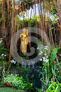 Golden Buddha statue by a stream among tropical plants, orchids and lianas, in the park of wat saket, or the golden mount temple.