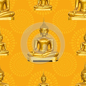 Golden Buddha statue on a yellow background. Seamless pattern