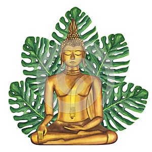 Golden Buddha, tropical green palm leaves monstera. Religious symbol of Asia. Hand-drawn watercolor illustration