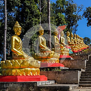 Golden Buddhas at the stairs to Wat Lung Pa Yai