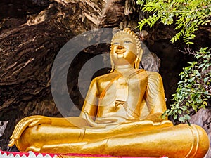 Golden buddhist in wild cave