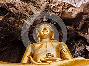 Golden buddhist in wild cave