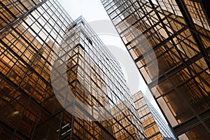 Golden building. Windows glass of modern office skyscrapers in technology and business concept. Facade design. Construction