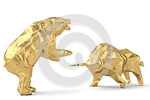 Golden bull with bear on a white background 3d illustration. photo