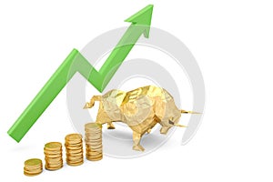 Golden bull and coins on white background 3d illustration.