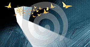 Golden butterflies through open door graphic background