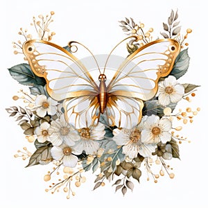Golden Butterfly and White Flowers photo