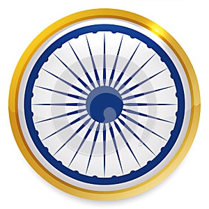 Golden button with Ashoka Chakra wheel inside of it, Vector illustration