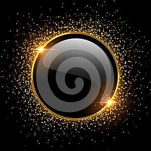 Golden button and sparkling ring with glitter on black background photo