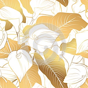 Golden calla lily pattern on white background. Wedding wallpaper background for warapping paper design, brochure