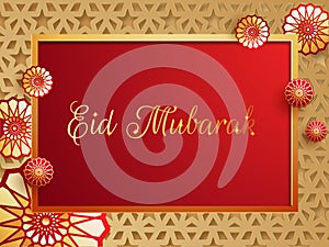Golden calligraphy of Eid Mubarak with mandala design decorated on paper cut islamic seamless pattern.