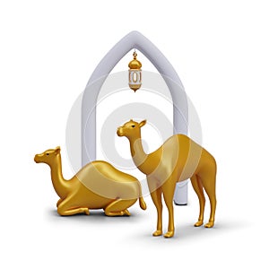 Golden camels in different positions, Arabic arch, lantern. 3D illustration with metallic texture