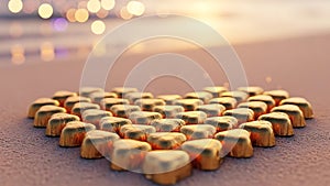 Golden candies on reflective surface