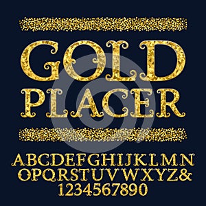 Golden capital letters and numbers encrusted small glittering fragments. Vintage curly font. Isolated english alphabet