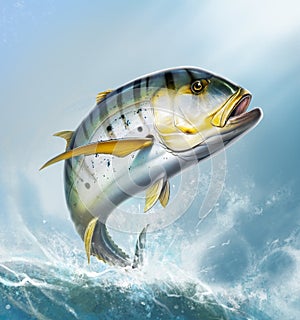 Golden Caranx Bluefin Jack striped fish illustration realistic art.