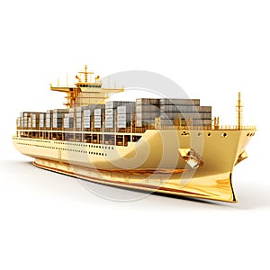 Golden cargo ship isolated on white background