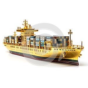 Golden cargo ship isolated on white background