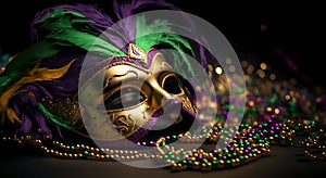 Golden carnival feather mask with colorful Mardi gras beads on dark background