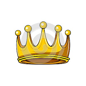Golden cartoon crown. Royal badge. King symbol. Queen sign. Design element. Vector.