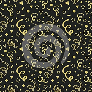 Golden cartoon hand drawn curls and geometrical shapes seamless pattern on black background