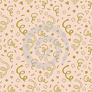 Golden cartoon hand drawn curls and geometrical shapes seamless pattern on pink background