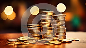Golden Cascade: Stack of Gold Coins on Ethereal Blurry Background photo