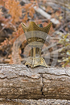 Golden censer incense burner on a wood log