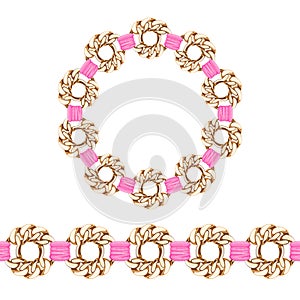 Golden chain bracelet or necklace with pink fabric