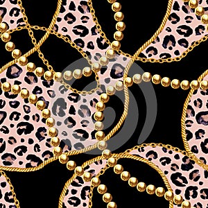 Golden chain glamour leopard cheetah seamless pattern illustration. Watercolor texture with golden chains