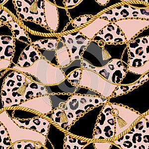 Golden chain glamour leopard cheetah seamless pattern illustration. Watercolor texture with golden chains