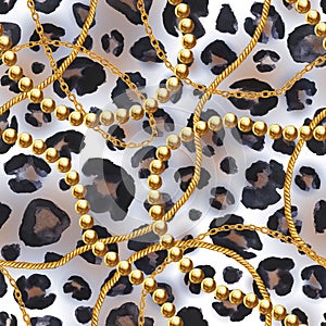 Golden chain glamour leopard fur seamless pattern illustration. Watercolor texture with golden chains