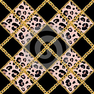 Golden chain glamour plaid leopard cheetah seamless pattern illustration. Watercolor texture with golden chains