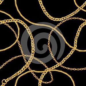 Golden chain glamour seamless pattern illustration. Watercolor texture with golden chains