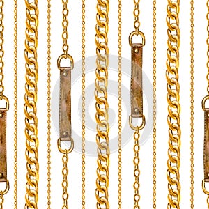 Golden chain glamour seamless pattern illustration. Watercolor texture with golden chains and leather belts