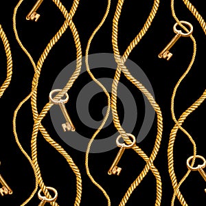 Golden chain glamour seamless pattern illustration. Watercolor texture with golden chains ropes keys