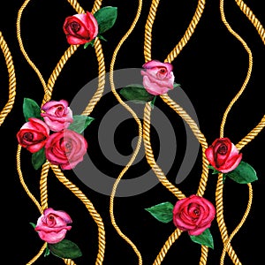 Golden chain glamour seamless pattern illustration. Watercolor texture with golden chains ropes roses