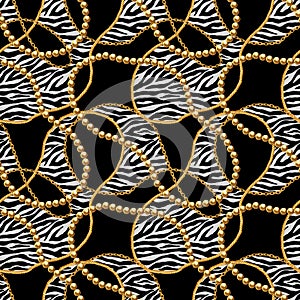 Golden chain glamour zebra seamless pattern illustration. Watercolor texture with golden chains