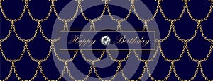 Golden chain luxury sale banner template. Dark deep blue gold fish scales. Promotional commercial offer invitation