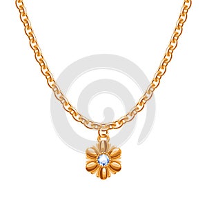 Golden chain necklace with golden flower pendant.